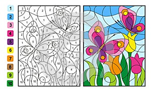 Color by numbers insect butterfly on a flower. Puzzle game for children education, colors for drawing and learning