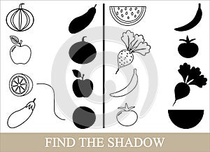Color objects of vegetables, berries and fruits and find the correct shadow.