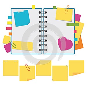 Color open notebook on rings with clean sheets. A set of sticky square stickers and notes. Simple flat vector illustration isolate