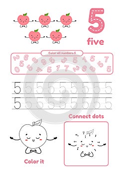 Color page, dot to dot, trace. Learning number 5. Many games on one page for preschool kids