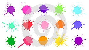 Color paint splatter. Colorful ink stains, abstract paints splashes and wet splats. Watercolor or slime stain vector set