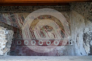 Color painting on the wall of pyramid in Teotihuacan, Mexico