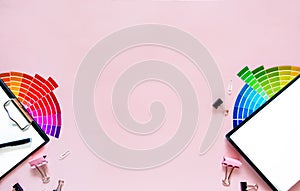 Color palett spectrum fans laying on pank background. Top horizontal view copyspace stationery. Inerior renewal and