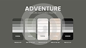 Color palette in Adventure colour theme collections. Color inspiration or color chart with codes template. Color combination set photo