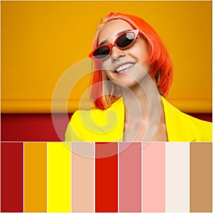 Color palette and beautiful young woman with bright dyed hair