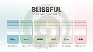 Color palette in Blissful colour theme collections. Color inspiration or colour chart with codes template. Color combination set