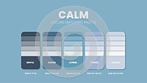 Color palette in calm colour theme collections. Color inspiration or colour chart with codes template. Color combination set of