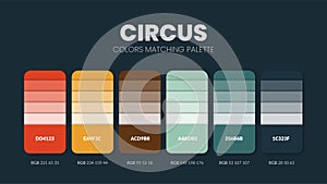 Color palette in Circus colour theme collections. Color inspiration or colour chart with codes template. Color combination set of