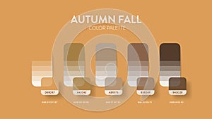 Color palette guide in Autumn Fall colour theme collections. Color inspiration or chart with codes template. Color combination RGB