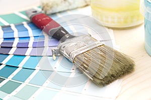 Color palette guide and painting supplies, paint brushes and col