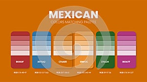 Color palette in Mexican colour theme collections. Color inspiration or colour chart with codes template. Color combination set of