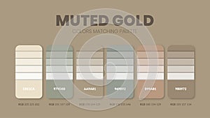 Color palette in Mute Gold colour theme collections. Color inspiration or colour chart with codes template. Color combination set