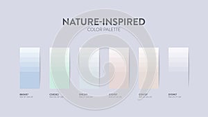 Color palette in Nature Inspired colour theme collections. Color inspiration or colour chart with codes template. Color