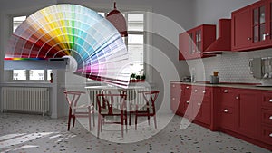 Color palette samples over retro white and red vintage kitchen with terrazzo marble floor, panoramic windows, dining room, round