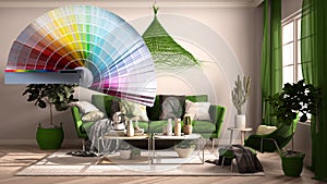Color palette samples over Vintage, old style green living room with sofa and armchair, carpet, window with curtains, rattan