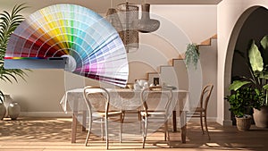 Color palette samples over vintage retro dining room with wooden table and chairs, rattan pendant lamps, parquet floor, archways