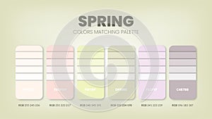 Color palette in a Spring colour theme collections. Color scheme or colors chart template. Color combination set of RGB, HSL and