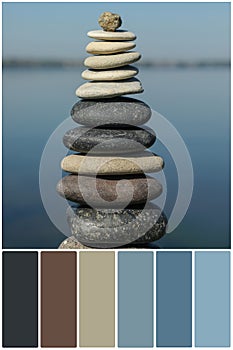 Color palette and stack of stones near sea on sunny day. Collage