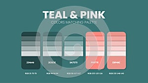 Color palette in Teal and Pink colour theme collections. Color inspiration or colour chart with codes template. Color combination