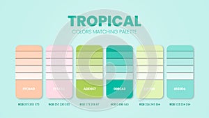 Tropical color palette or color schemes are trends combinations and palette guides. Example of table color shades in RGB