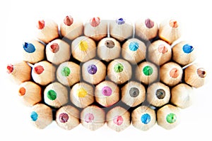 Color palette wooden crayon pencils at white background