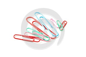 Color paper clips isolated on white background