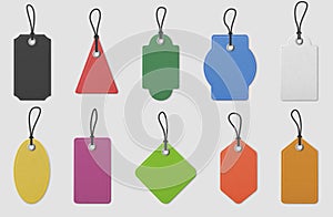 Color paper price tag labels. Realistic colored shopping hanging tags with ropes for pricing marking, message tag mockup