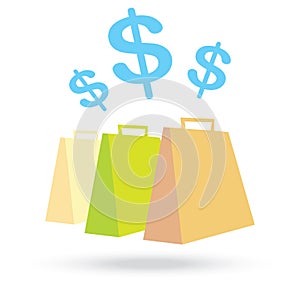 Color paper shopping bags and money icon on white backg