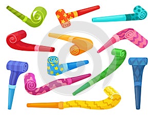 Color party blowers. Paper blower for birthday or festival time. Children toys or fans accessories. Tube horns