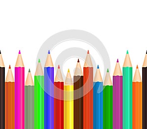 Color pencil. Crayon for draw in school. Bottom row of pencils for art. Seamless icon with craft supplies, paint, stationery.