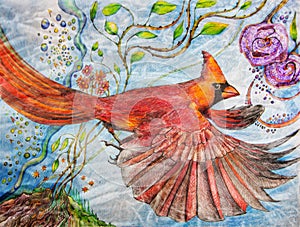 Color pencil painting of a male cardinal in flight