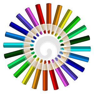 Color pencils in arrange in color wheel colors on white background