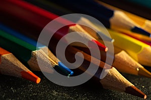 Color Pencils. Colored Pencils Background. Crayons Close Up. Selective focus. Macro