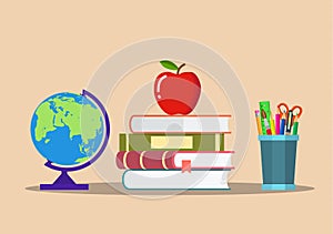 Color pencils in cup, globe, books, apple. education