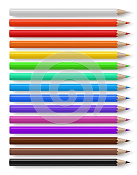Color pencils. Different bright colored wooden pencil, creative stationery for drawings artwork color crayons, vector