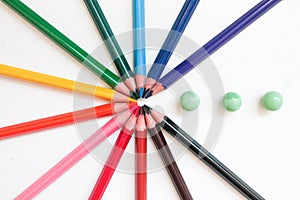 color pencils isolated on white background. balloons. subjects for school. back to school concept