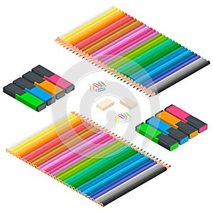 Color pencils, Multicolored highlighters, highlighters, colorful paperclips isolated on white background close up.