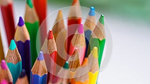 Color pencils, pastel abstract background. Artist sketching stationary creativity for students in school. Macro object set of