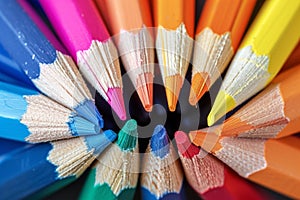 Color pencils pile in close up macro shot, wooden desk
