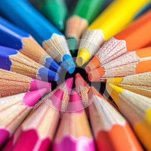 Color pencils pile in close up macro shot, wooden desk