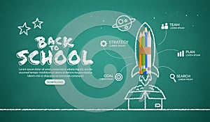 Color pencils rocket launching out of the box infographic, welcome back to school background