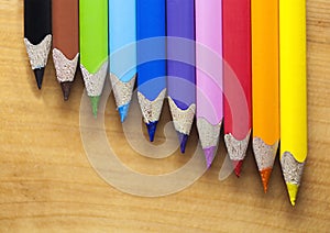 Color pencils on sheet of paper with clean white backdrop. Symbol for arts, creativity school and imagination. Creative child