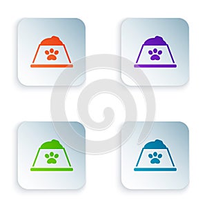 Color Pet food bowl for cat or dog icon isolated on white background. Dog or cat paw print. Set colorful icons in square