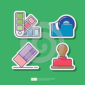 Color picker palette guide, masking scotch tape, rubber eraser, ink stamp. School or office stationery sticker icon set. Vector