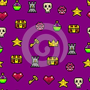 Color Pixel Objects Games Seamless Pattern Background. Vector
