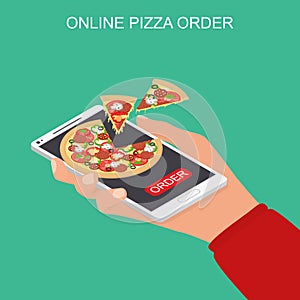 Color Pizza Delivery Online Concept 3d Isometric View. Vector