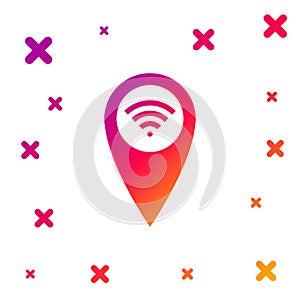 Color Pointer map with wifi internet signal connection icon isolated on white background. Gradient random dynamic shapes