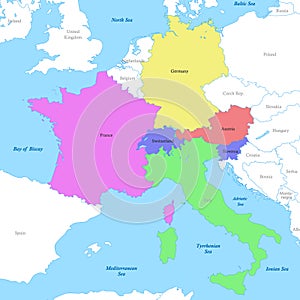 map of Alpine countries with borders of the countries.