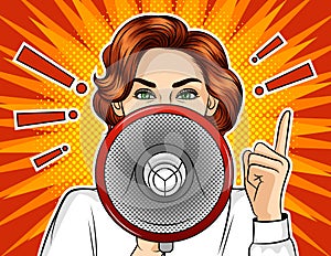 Color  pop art comic style illustration of a girl with a loudspeaker.