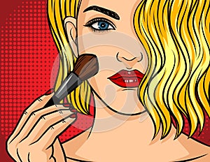 Color pop art comic style illustration. Girl with red lipstick on red dotted background. Beautiful young woman applying mak